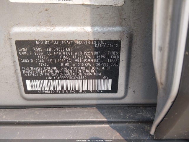 45598101 :رقم المزاد ، 4S4BRBCC5C3248680 vin ، 2012 Subaru Outback 2.5i Premium مزاد بيع