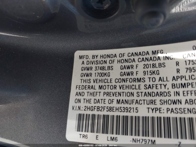 Honda Civic Lx 2014 2HGFB2F58EH539215 Image 9