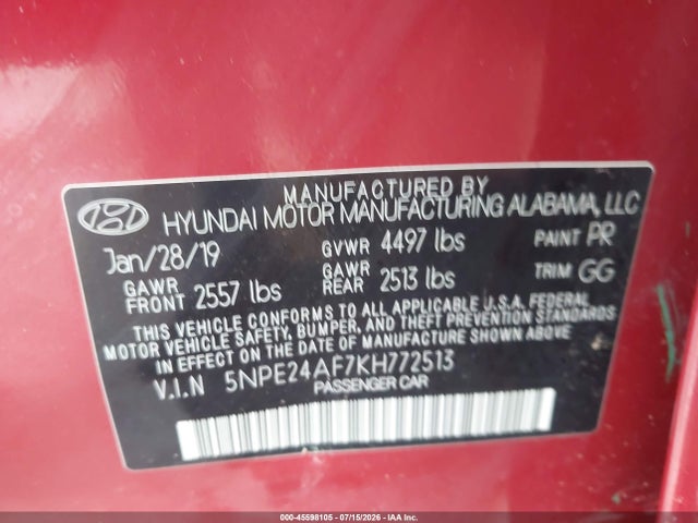 Продажа на аукционе авто 2019 Hyundai Sonata Se, vin: 5NPE24AF7KH772513, номер лота: 45598105
