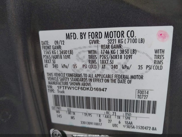 45598122 :رقم المزاد ، 1FTFW1CF6DKD16947 vin ، 2013 Ford F-150 Xlt مزاد بيع