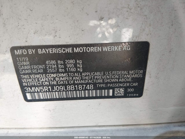 Aukcja sprzedaży 2020 Bmw 330i, vin: 3MW5R1J09L8B18748, numer aukcji: 45598143