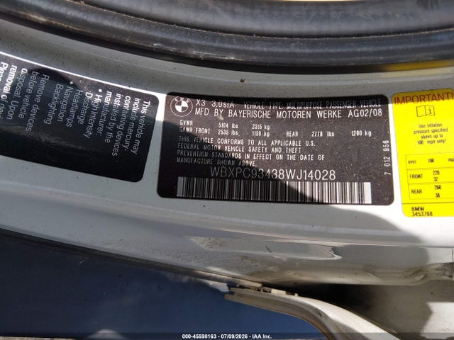 Продаж на аукціоні авто 2008 Bmw X3 3.0si, vin: WBXPC93438WJ14028, номер лоту: 45598163