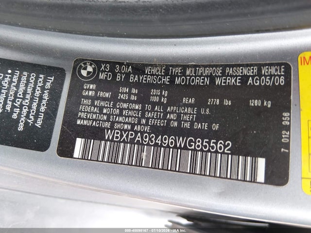 45598167 :رقم المزاد ، WBXPA93496WG85562 vin ، 2006 Bmw X3 3.0i مزاد بيع