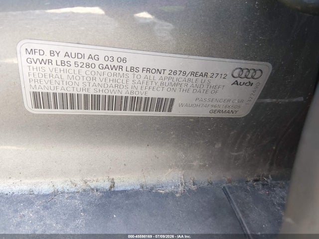 Продаж на аукціоні авто 2006 Audi A6 3.2, vin: WAUDH74F96N168505, номер лоту: 45598169