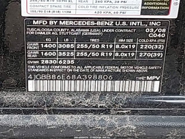 Aukcja sprzedaży 2008 Mercedes-benz M-class 3.5l, vin: 4JGBB86E68A398806, numer aukcji: 45598174
