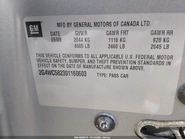 Aukcja sprzedaży 2009 Buick Lacrosse Cx, vin: 2G4WC582391160603, numer aukcji: 45598175
