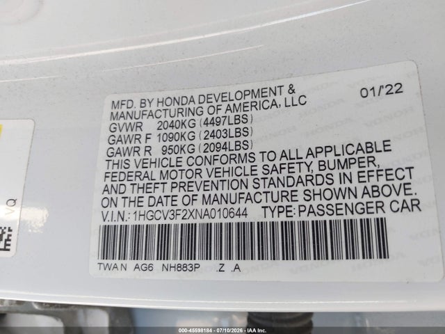 1HGCV3F2XNA010644 Honda Accord Hybrid Sport