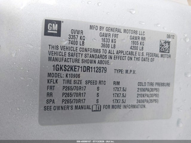 45598187 :رقم المزاد ، 1GKS2KE71DR112879 vin ، 2013 Gmc Yukon Xl 1500 Slt مزاد بيع