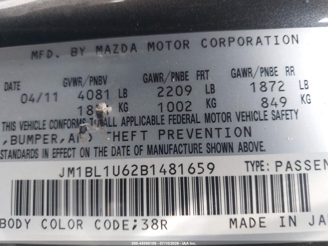 Продаж на аукціоні авто 2011 Mazda Mazda3 S Sport, vin: JM1BL1U62B1481659, номер лоту: 45598189