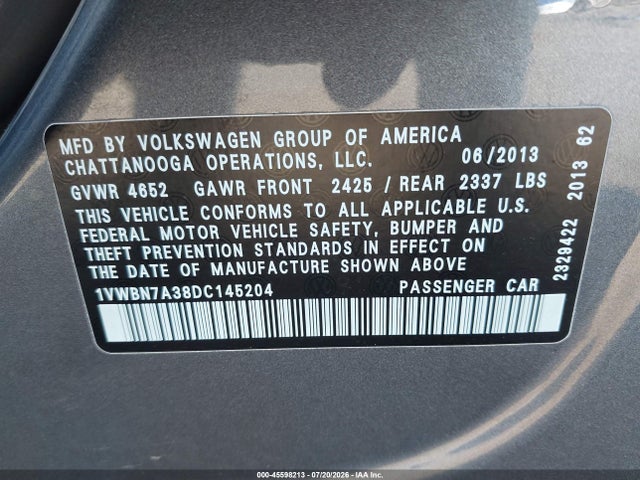 Продажа на аукционе авто 2013 Volkswagen Passat 2.0l Tdi Se, vin: 1VWBN7A38DC145204, номер лота: 45598213