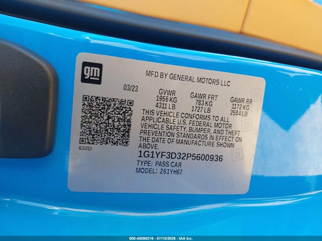 45598216 :رقم المزاد ، 1G1YF3D32P5600936 vin ، 2023 Chevrolet Corvette Z06 Rwd  3lz مزاد بيع