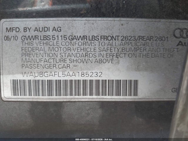 45598221 :رقم المزاد ، WAUBGAFL5AA185232 vin ، 2010 Audi S4 3.0 Premium Plus مزاد بيع