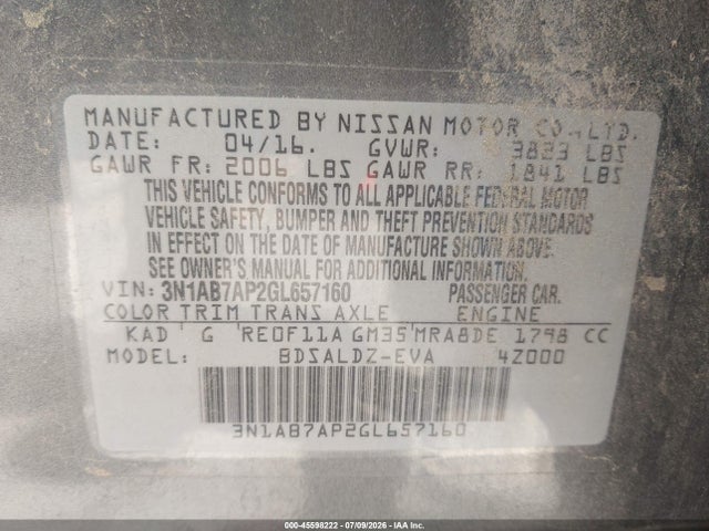 3N1AB7AP2GL657160 Nissan Sentra Fe+ S/s/sl/sr/sv