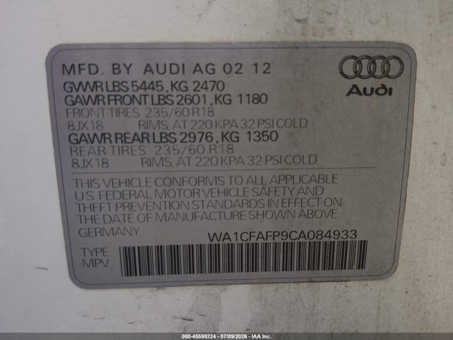 45598224 :رقم المزاد ، WA1CFAFP9CA084933 vin ، 2012 Audi Q5 2.0t Premium مزاد بيع