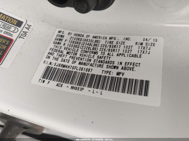Продаж на аукціоні авто 2015 Honda Cr-v Ex-l, vin: 5J6RM4H75FL061897, номер лоту: 45598226