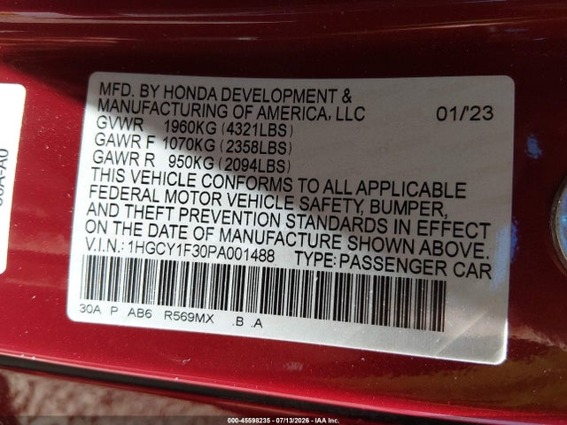 1HGCY1F30PA001488 Honda ACCORD EX