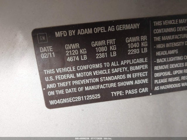 Продаж на аукціоні авто 2011 Buick Regal Cxl Russelsheim, vin: W04GN5EC2B1125525, номер лоту: 45598236