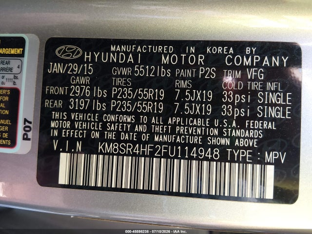 Продаж на аукціоні авто 2015 Hyundai Santa Fe Limited, vin: KM8SR4HF2FU114948, номер лоту: 45598238