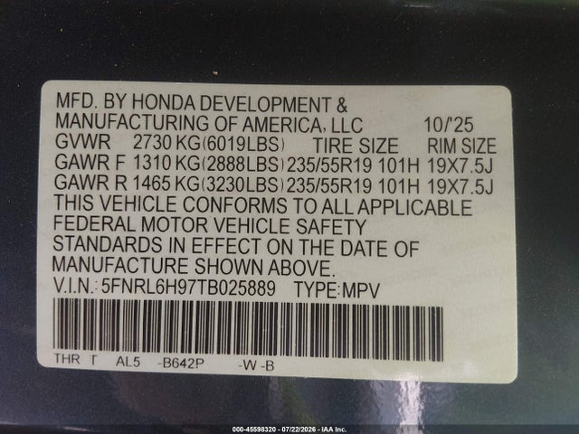 45598320 :رقم المزاد ، 5FNRL6H97TB025889 vin ، 2026 Honda Odyssey Elite مزاد بيع