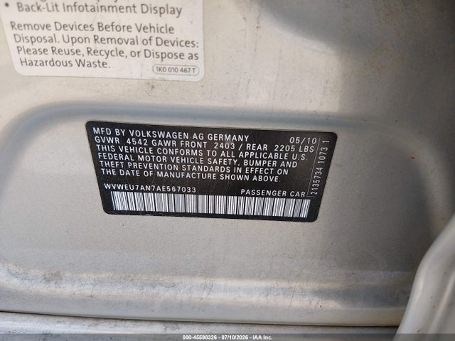 45598326 :رقم المزاد ، WVWEU7AN7AE567033 vin ، 2010 Volkswagen Cc Vr6 Sport مزاد بيع