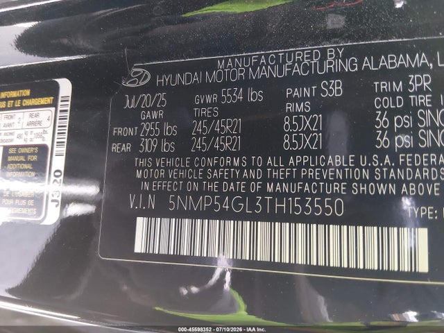 Продаж на аукціоні авто 2026 Hyundai Santa Fe Calligraphy, vin: 5NMP54GL3TH153550, номер лоту: 45598352