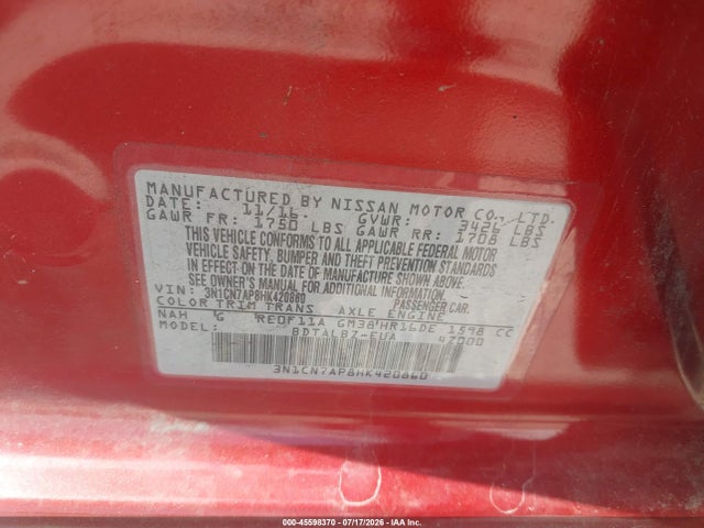Auction sale of the 2017 Nissan Versa 1.6 Sv, vin: 3N1CN7AP8HK420860, lot number: 45598370