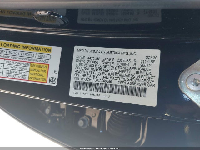 Aukcja sprzedaży 2020 Honda Accord Sport, vin: 1HGCV1F30LA066666, numer aukcji: 45598375