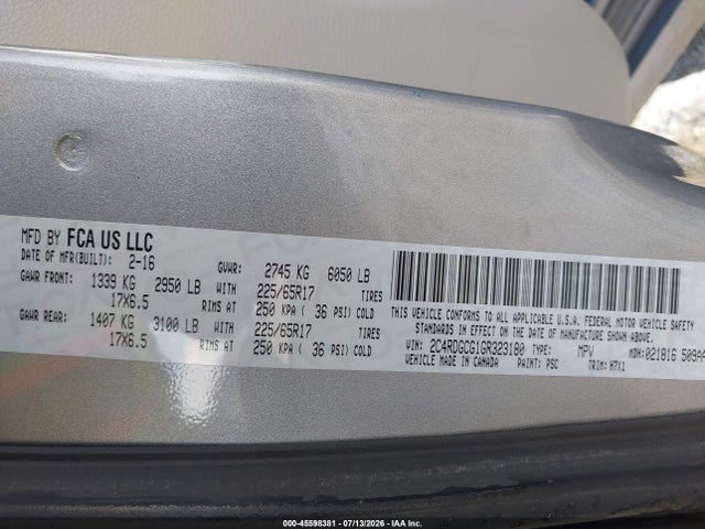 2016 Dodge Grand Caravan Sxt მანქანა იყიდება აუქციონზე, vin: 2C4RDGCG1GR323180, აუქციონის ნომერი: 45598381