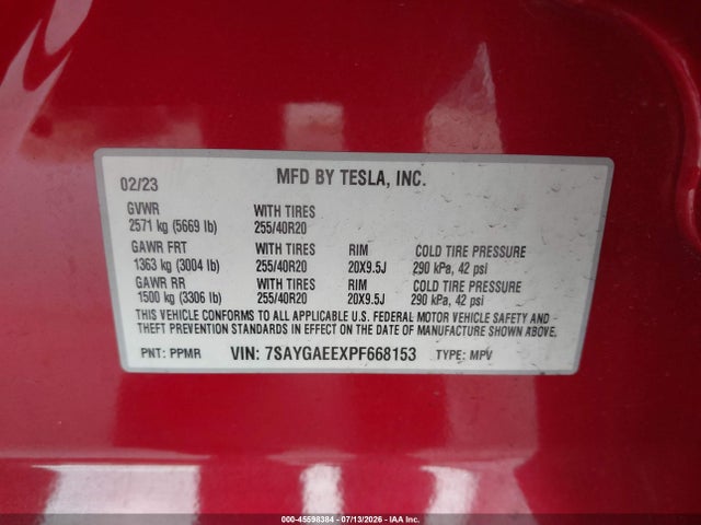 Aukcja sprzedaży 2023 Tesla Model Y Awd/long Range Dual Motor All-wheel Drive, vin: 7SAYGAEEXPF668153, numer aukcji: 45598384