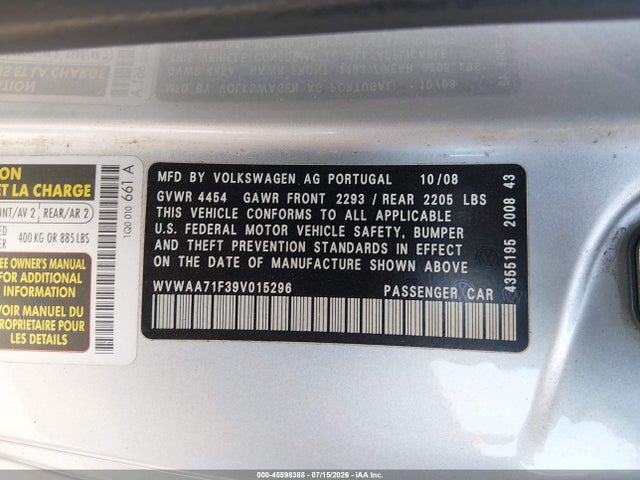 2009 Volkswagen Eos Komfort მანქანა იყიდება აუქციონზე, vin: WVWAA71F39V015296, აუქციონის ნომერი: 45598388