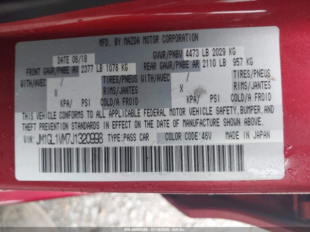 Aukcja sprzedaży 2018 Mazda Mazda6 Touring, vin: JM1GL1VM7J1320998, numer aukcji: 45598395