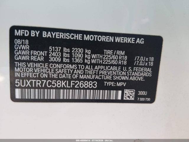 2019 Bmw X3 Sdrive30i მანქანა იყიდება აუქციონზე, vin: 5UXTR7C58KLF26883, აუქციონის ნომერი: 45598414