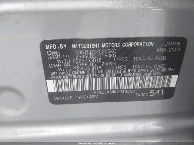 45598423 :رقم المزاد ، JA4AD3A34KZ043820 vin ، 2019 Mitsubishi Outlander Se مزاد بيع