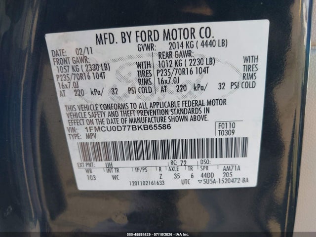 45598429 :رقم المزاد ، 1FMCU0D77BKB65586 vin ، 2011 Ford Escape Xlt مزاد بيع