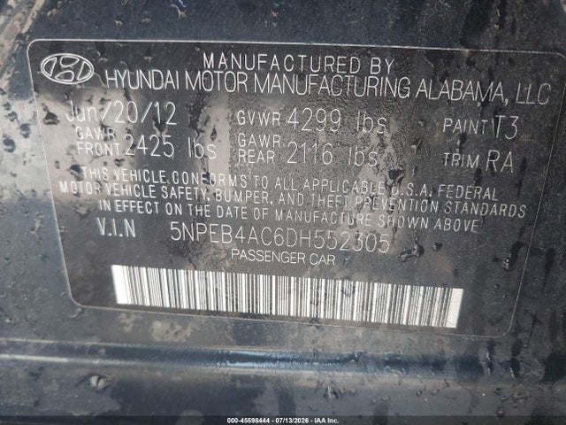 Продаж на аукціоні авто 2013 Hyundai Sonata Gls, vin: 5NPEB4AC6DH552305, номер лоту: 45598444