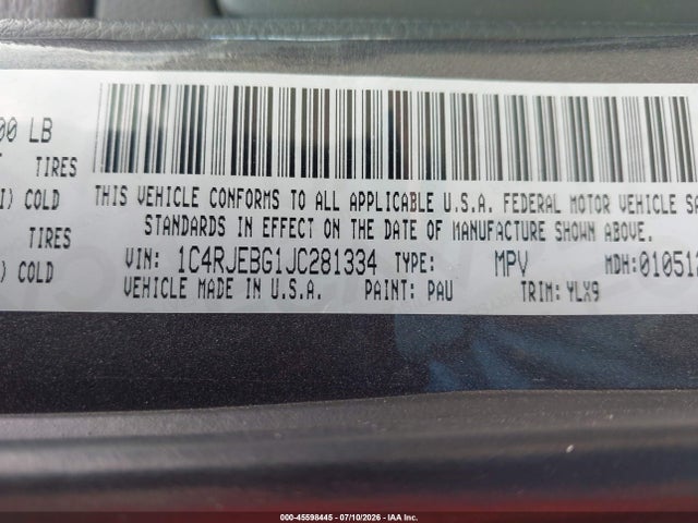 Продаж на аукціоні авто 2018 Jeep Grand Cherokee Sterling Edition 4x2, vin: 1C4RJEBG1JC281334, номер лоту: 45598445