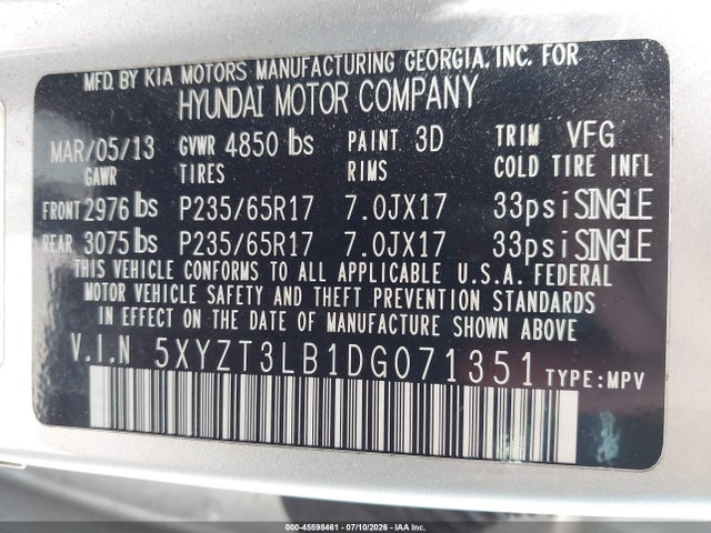 Aukcja sprzedaży 2013 Hyundai Santa Fe Sport, vin: 5XYZT3LB1DG071351, numer aukcji: 45598461