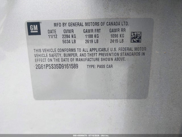 45598479 :رقم المزاد ، 2G61P5S35D9161589 vin ، 2013 Cadillac Xts Luxury مزاد بيع