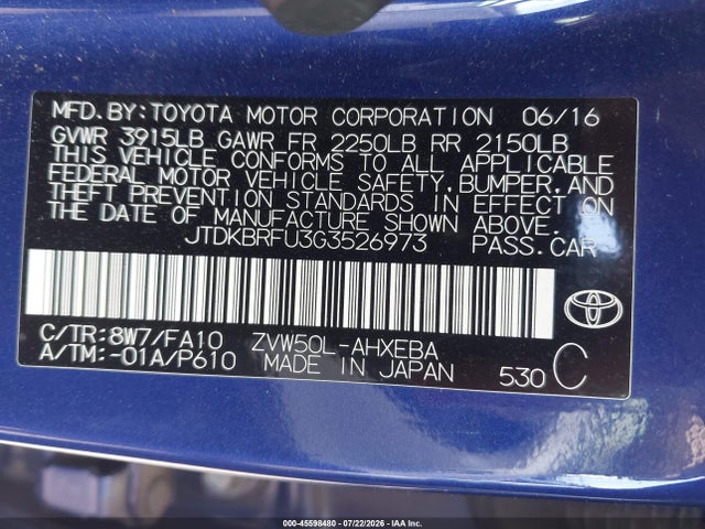 Toyota Prius Two 2016 JTDKBRFU3G3526973 Image 9