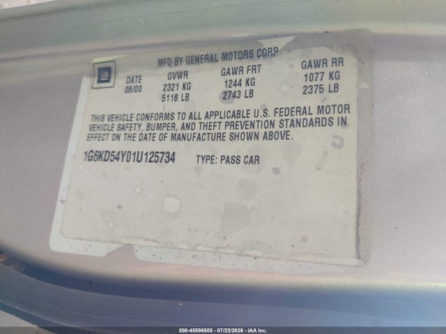 45598505 :رقم المزاد ، 1G6KD54Y01U125734 vin ، 2001 Cadillac Deville Standard W/w20 مزاد بيع