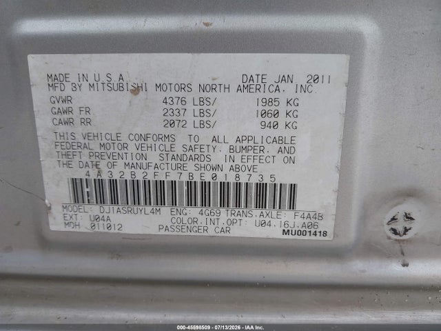 Продаж на аукціоні авто 2011 Mitsubishi Galant Fe, vin: 4A32B2FF7BE018735, номер лоту: 45598509