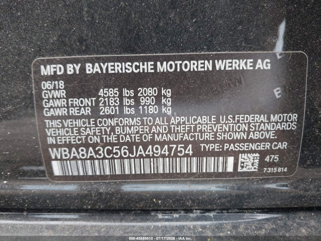 Продаж на аукціоні авто 2018 Bmw 320i Xdrive, vin: WBA8A3C56JA494754, номер лоту: 45598510