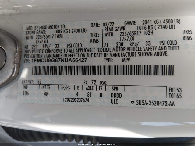 Ford ESCAPE SE 2022 1FMCU9G67NUA66427 Image 9