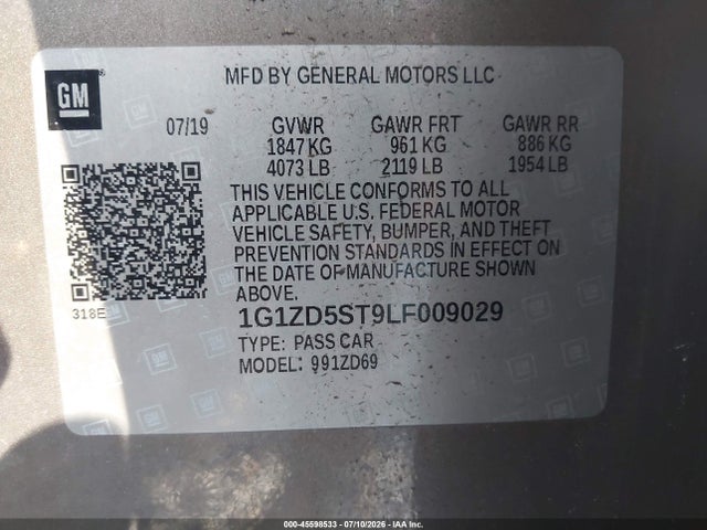 2020 Chevrolet Malibu Fwd Lt მანქანა იყიდება აუქციონზე, vin: 1G1ZD5ST9LF009029, აუქციონის ნომერი: 45598533