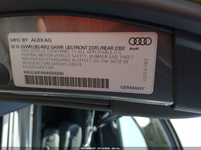 Продаж на аукціоні авто 2017 Audi A4 Premium Plus, vin: WAULNAF46HN008260, номер лоту: 45598537