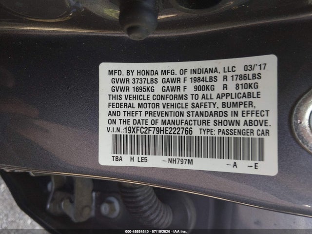 Aukcja sprzedaży 2017 Honda Civic Ex, vin: 19XFC2F79HE222766, numer aukcji: 45598540