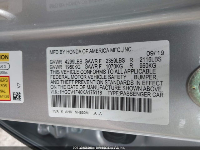 45598551 :رقم المزاد ، 1HGCV1F40KA175118 vin ، 2019 Honda Accord Ex مزاد بيع