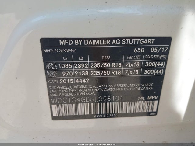 WDCTG4GB8JJ398104 Mercedes-Benz Gla 250 4matic