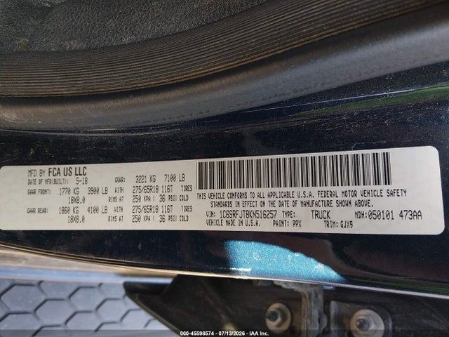Продаж на аукціоні авто 2019 Ram 1500 Laramie, vin: 1C6SRFJT8KN516257, номер лоту: 45598574