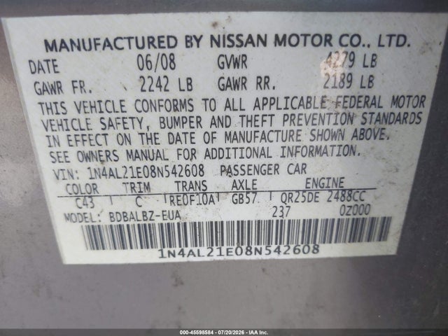 2008 Nissan Altima 2.5 S მანქანა იყიდება აუქციონზე, vin: 1N4AL21E08N542608, აუქციონის ნომერი: 45598584